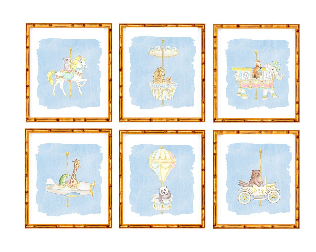 Six Art Prints Panda, Lion, Giraffe, Crocodile and Bear in Parisian Carousel Rides // Nursery Dec... | Etsy (US)