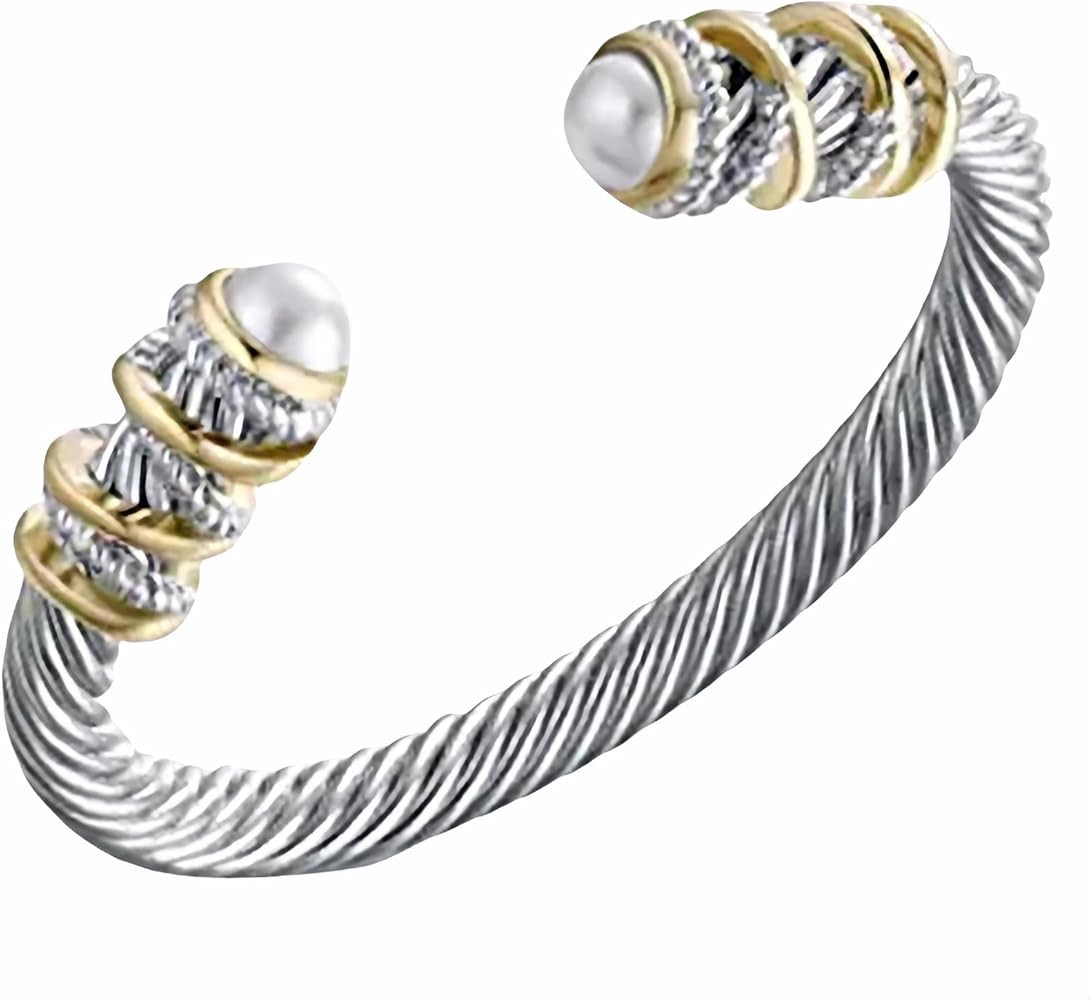 Stainless Steel Twisted Cable Wire Bracelet, Twisted Cable Bracelet with Composite Shell Pearl 6"... | Amazon (US)