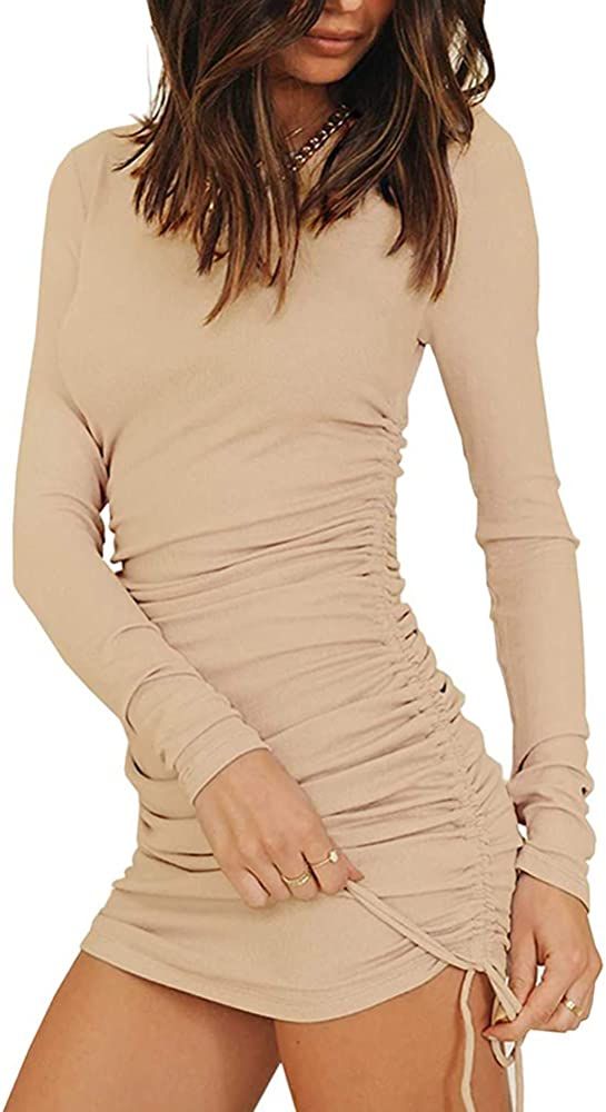 MiiVoo Women's Sexy Club Ruched Long Sleeve Drawstring Mini Bodycon Dress | Amazon (US)