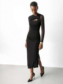 Maija 2026 Women's Solid Color Asymmetric Neck Ruffle Elegant Twist Midi Dress With Mesh Long Sle... | SHEIN