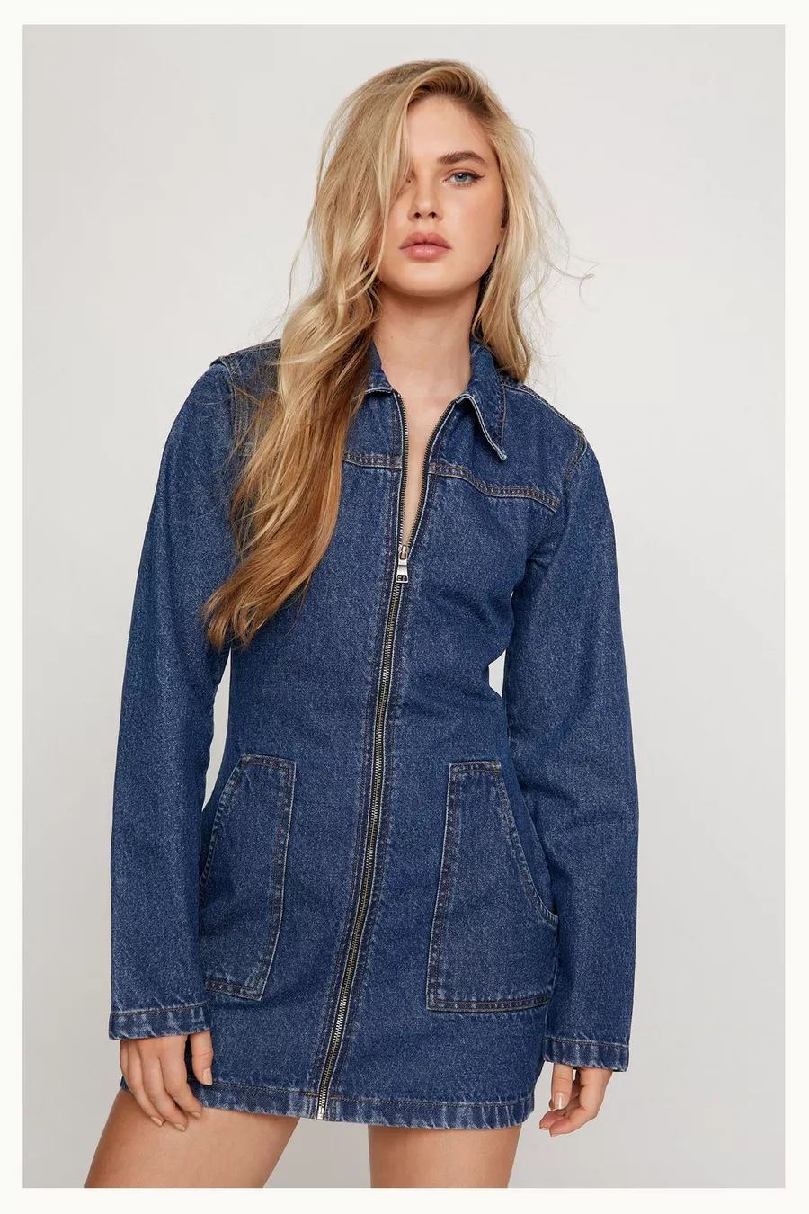 Long Sleeve Zip Through Denim Dress | Nasty Gal US