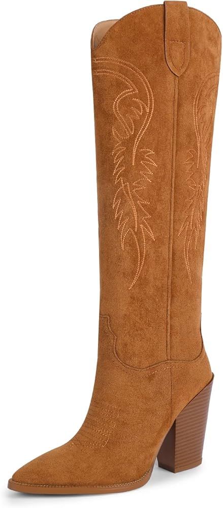 ISNOM Women's Western Boots Knee High Boots, Cowboy Cowgirl Embroidered Chunky Block Heel Pointed To | Amazon (US)