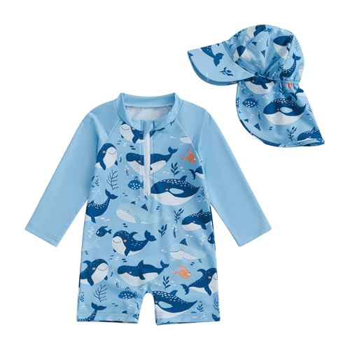 Biayxms Toddler Baby Boy Swimsuit Rash Guard Zip Up One Piece Bathing Suit with Hat Long Sleeve Beach Infant Swimwear Sunsuit (Whale Blue, 3-6 Months) | Amazon (US)