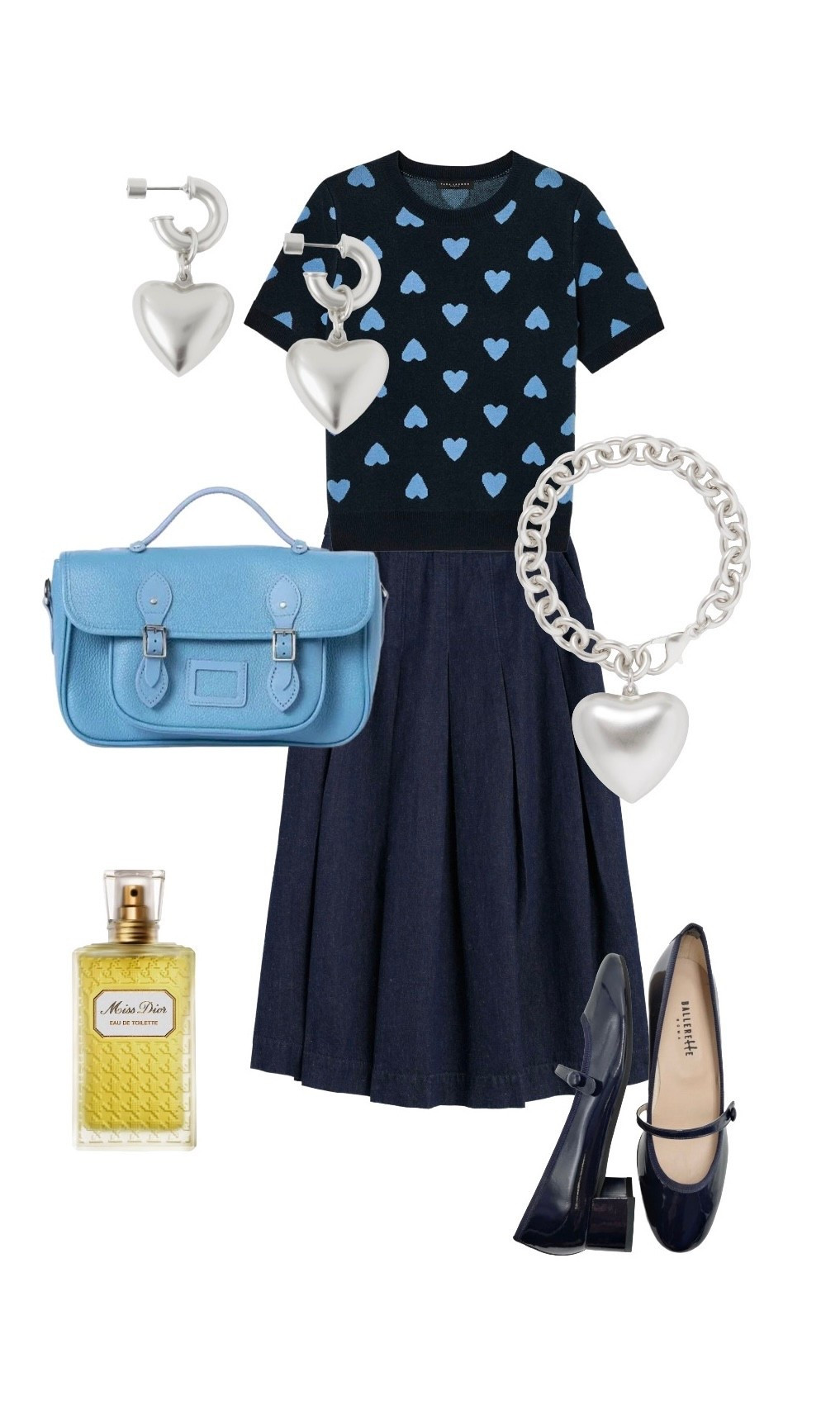 Don’t be blue, be darling 🩵💙🩵

Blue & Navy Heart Short Sleeve Sweater SS26 - Tara Jarmon (currently on early bird discount!)

Denim Blue Midi Skirt - Albaray at Marks & Spencer

Blue Soft Leather Satchel - Cambridge Satchel Company

Navy Patent Shoes - Ballerette

Silver Heart Earrings & Silver Heart Bracelet - Assouline at Net a Porter

Miss Dior EDP by Dior at John Lewis 

#LTKdatenight #LTKeurope #LTKstyletip