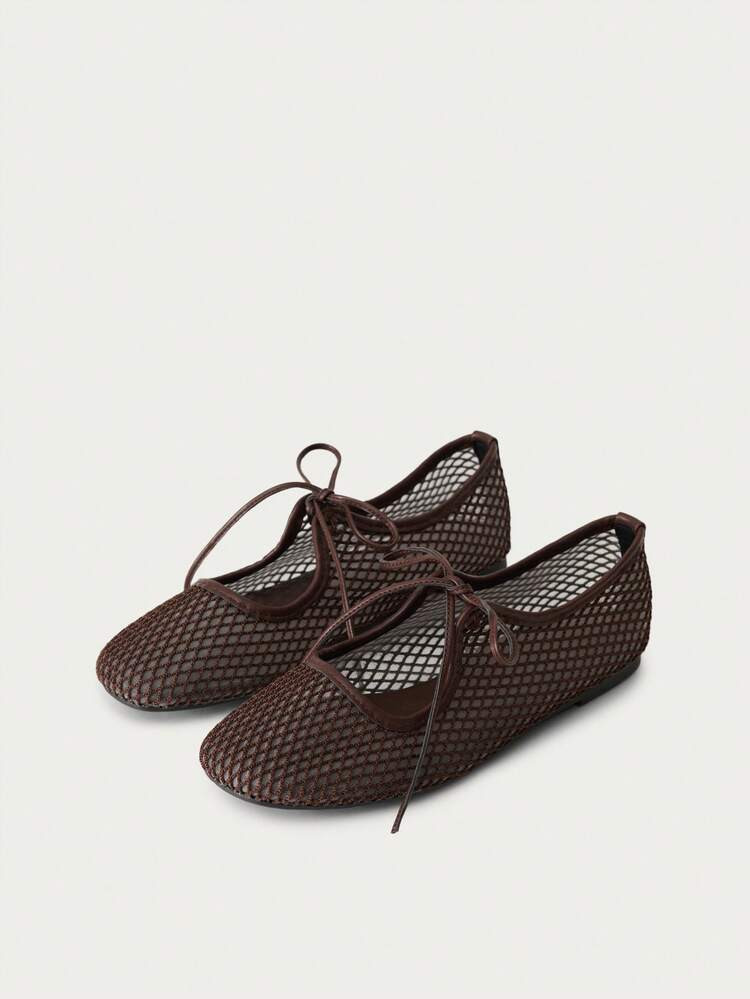 N\u00f6ista Brown Mesh Ballet Flat With A Refined Mary Jane Silhouette, Delicate Tie Detail And M... | SHEIN