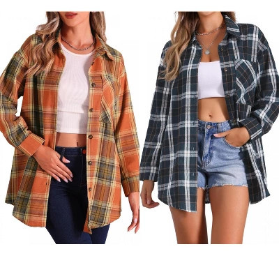 INSPIRE CHIC Women's Vintage Plaid Flannel Long Sleeve Button Down Collar With Pocket Casual Shirts 2 Packs Orange/Blue X-Large | Target
