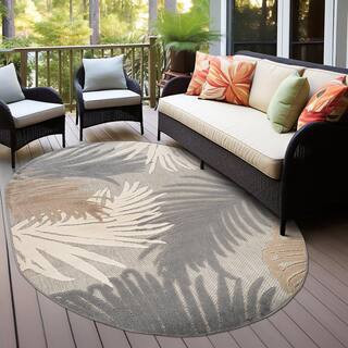 Contemporary Tropical Large Floral Gray 5 ft. x 7 ft. OVAL Indoor/Outdoor Area Rug | The Home Depot