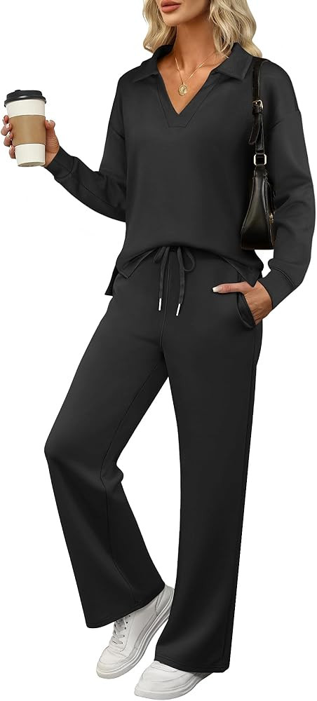 ANRABESS Women's 2 Piece Outfits Lounge Sets Casual Long Sleeve Sweatsuits Polo Top Wide Leg Pant... | Amazon (US)