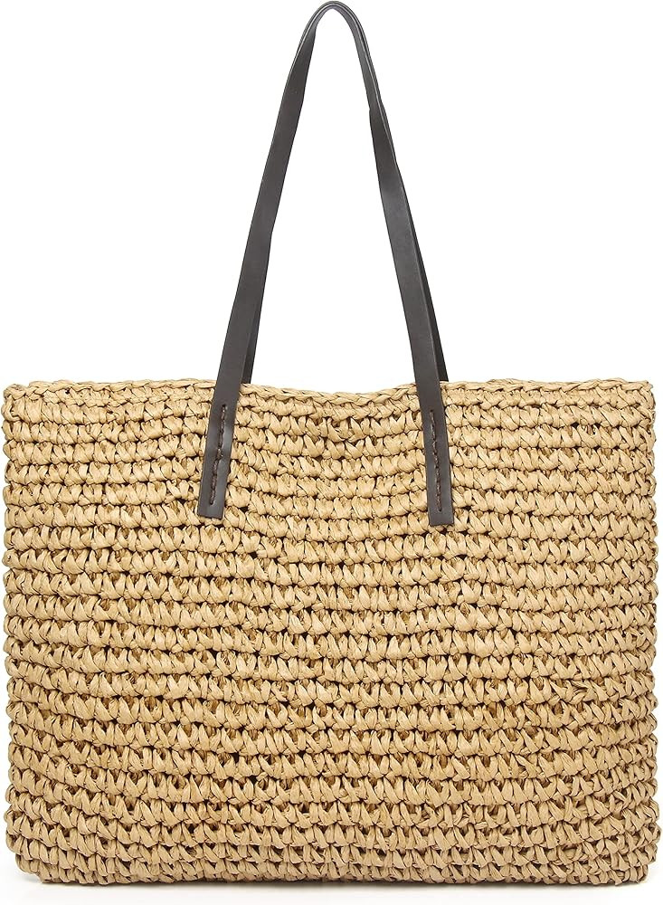 Woven Beach Bags for Women Straw Beach Bag Woven Tote Bag With Zipper Summer Handbag Handmade Straw  | Amazon (US)
