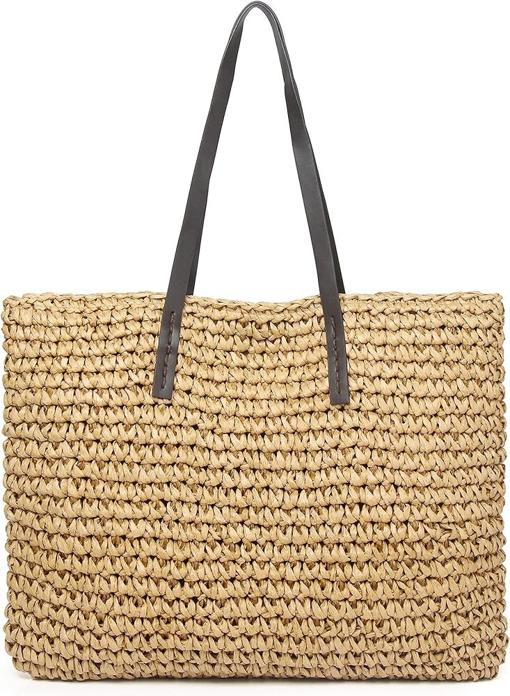 Woven Beach Bags for Women Straw Beach Bag Woven Tote Bag With Zipper Summer Handbag Handmade Straw  | Amazon (US)