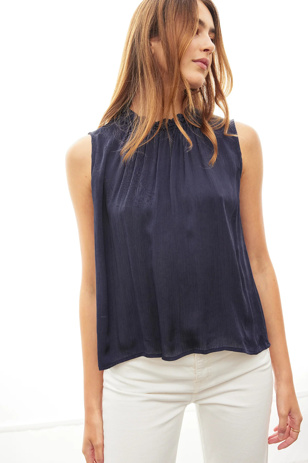 KIANA CRINKLED VISCOSE RUFFLE NECK TANK TOP | Velvet by Graham & Spencer