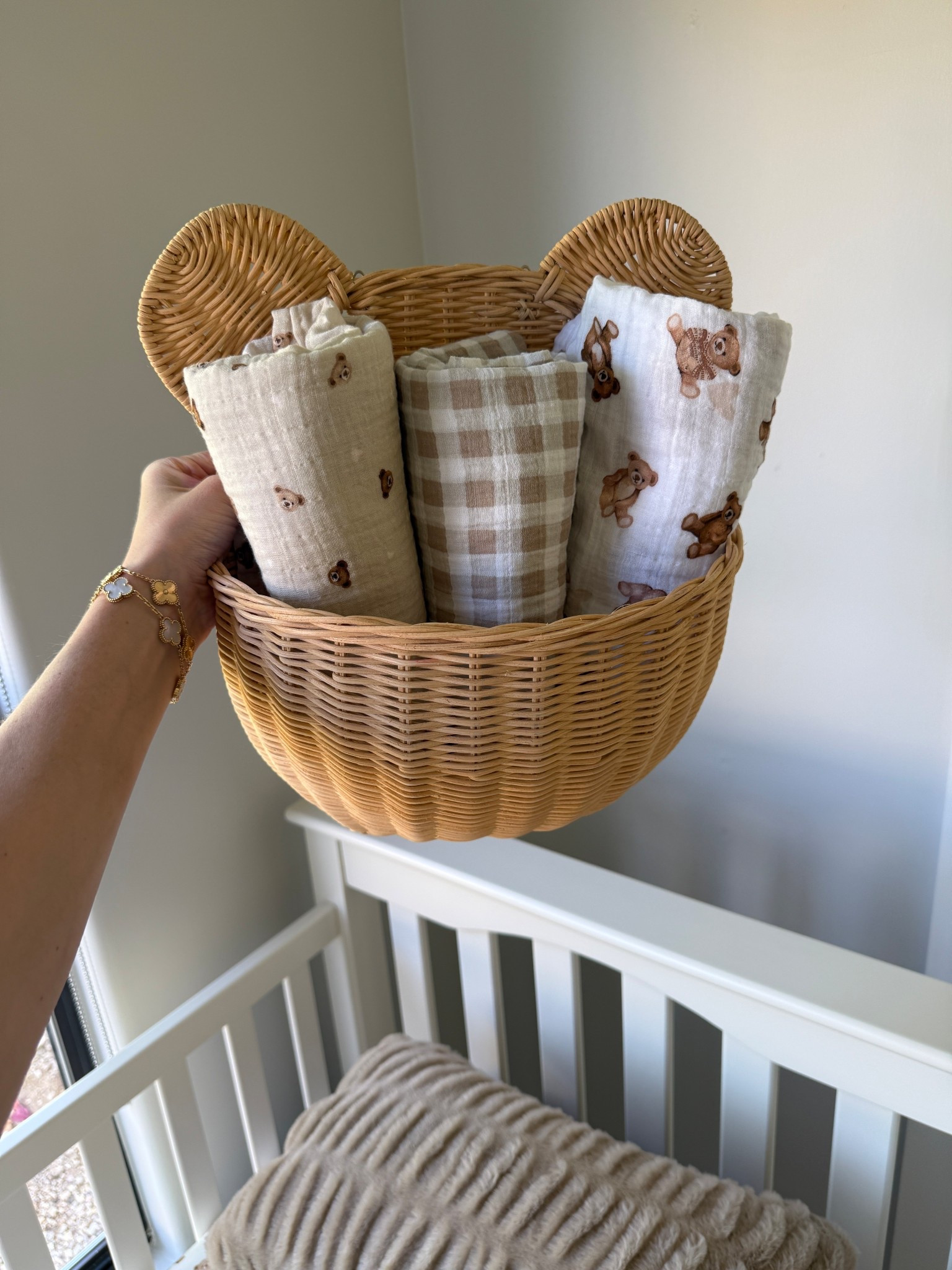 The cutest basket for swaddles just arrived! It is going to hang on this wall. It’s so cute and matches the Teddy theme perfectly - I also have the matching storage bin 🧸👶🏼

#LTKBaby #LTKHome #LTKKids