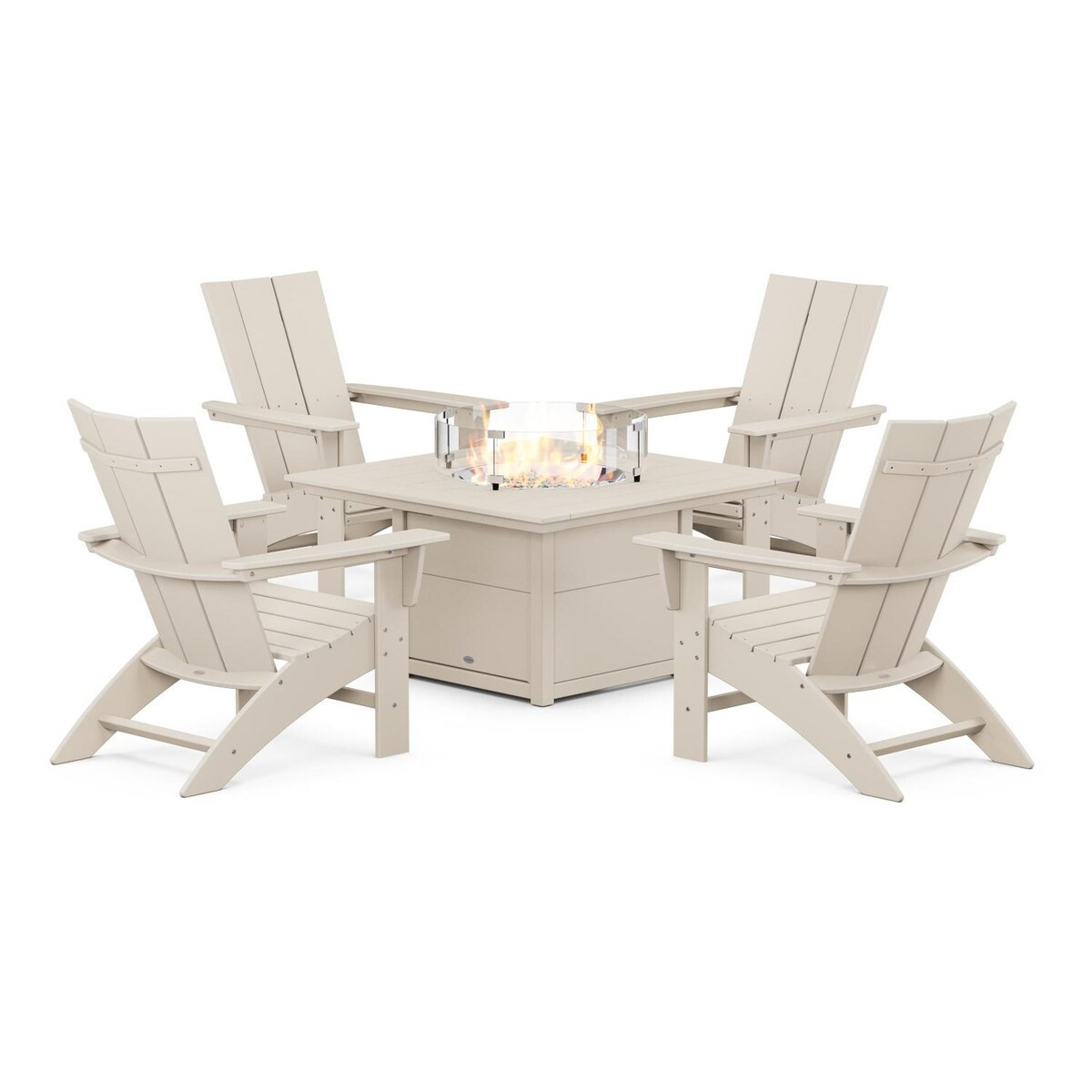 POLYWOOD Modern Adirondack 5 Pc Recycled Plastic Fire Pit Seating Set w/ Curveback Chairs in Sand by - PWS412-1-SA | BBQ Guys