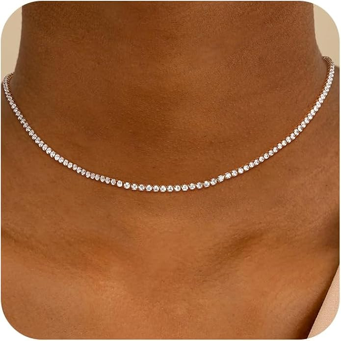 Tennis Necklace for Women, 14K Gold Plated/Sterling Silver Cubic Zirconia Tennis Chain, Dainty Rh... | Amazon (US)