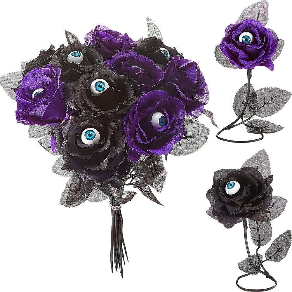 MTLEE 12 Pieces Halloween Eyeball Flowers Artificial Silk Roses Flowers with Eyeballs Faux Eyebal... | Amazon (US)