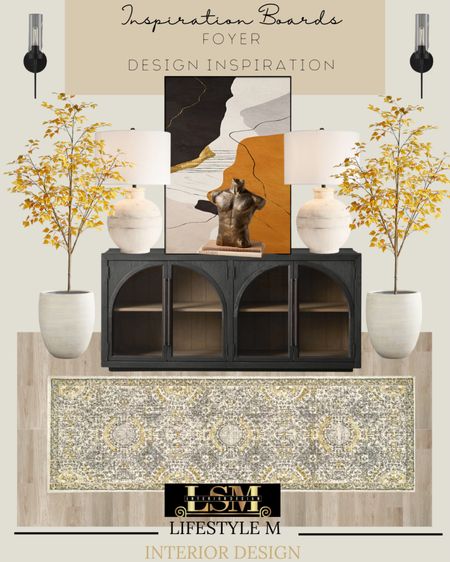 Farmhouse fall foyer design. Recreate the look at home by shopping the pieces below. Black console table, foyer runner, white planters, faux yellow tree, table decor, white table lamp, fall wall art, black wall sconce light, wood floor tile. 

#LTKstyletip #LTKSeasonal #LTKhome