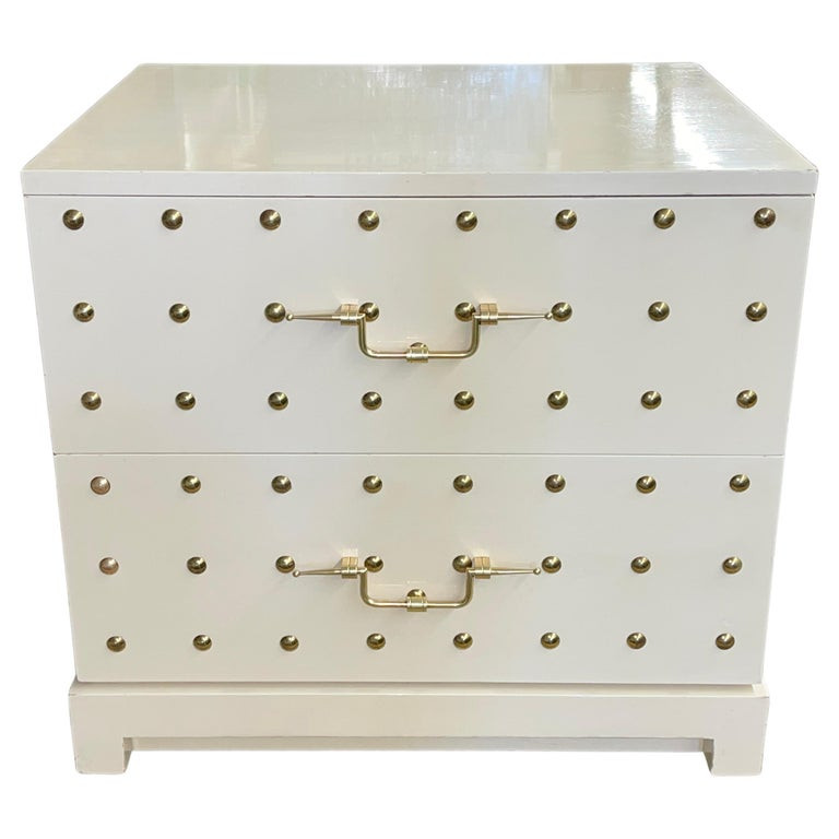 Tommi Parzinger Originals Brass Studded & White Lacquered Two Drawer Chest | 1stDibs