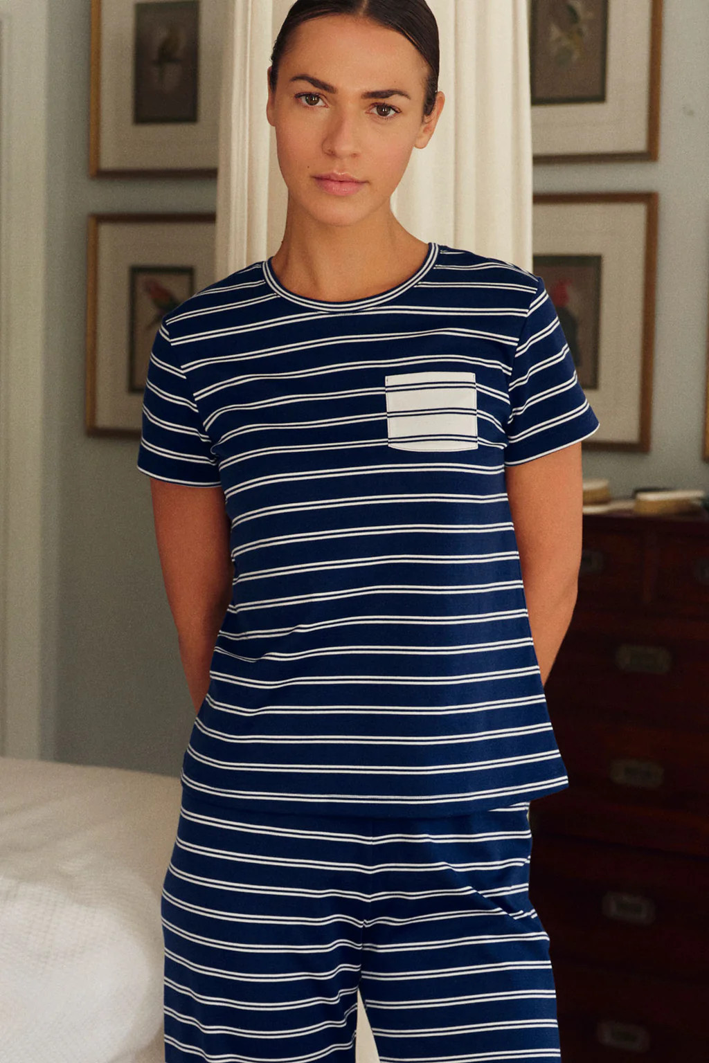 Pima Crew Wide Leg Pajama Set in Blue Depths Tidal Stripe | Lake Pajamas