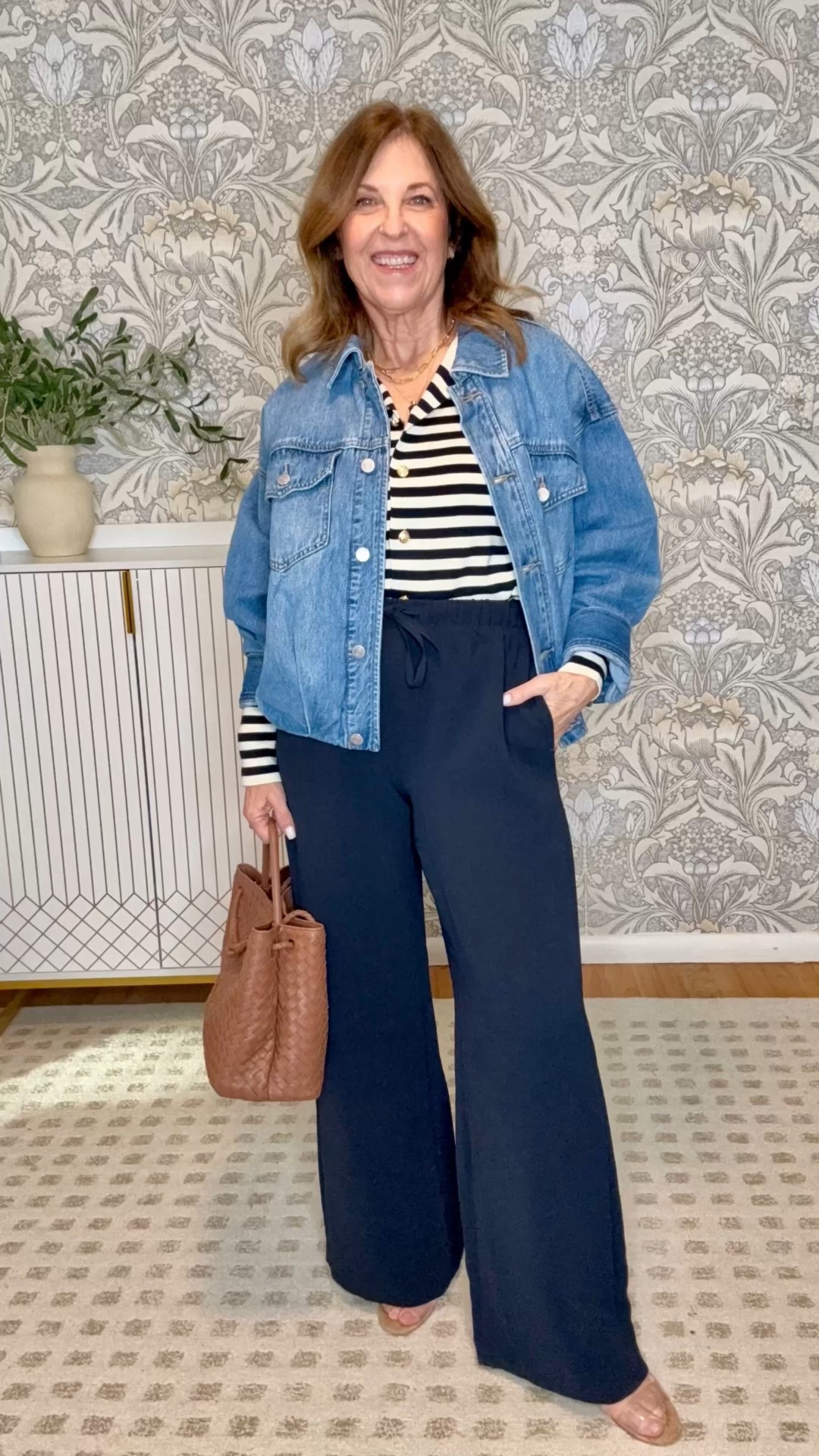 @Aritzia lodge pants in blue crepe. Regular length.  Runs tts.  I'm wearing a size small for a roomy fit. 

Pistola jacket runs tts and is oversized. It's lined and so cute. 

Navy & ecru stripe sweater runs tts.  I'm wearing a size XS. It's also available in pink & ecru and light blue & ecru. 


#LTKootd #LTKPetite #LTKOver40