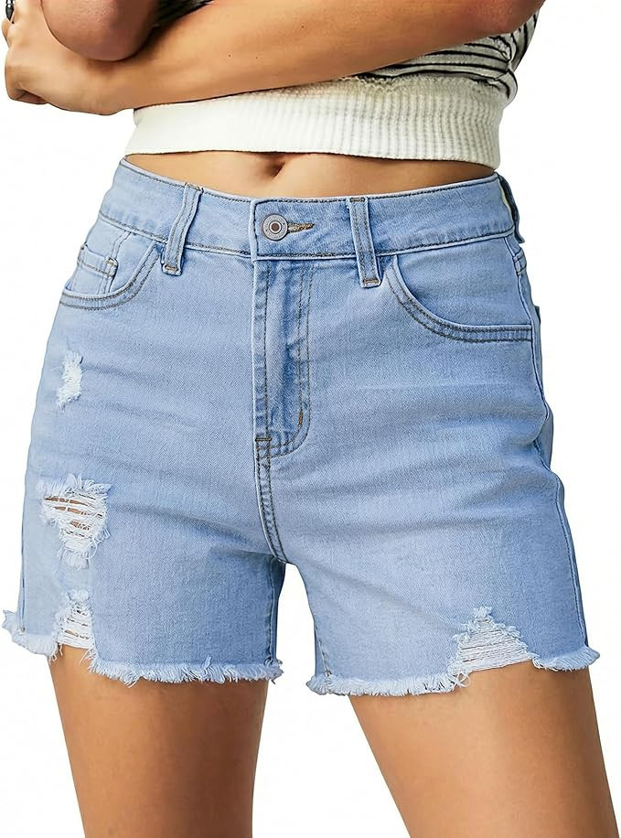 luvamia Jean Shorts for Women Trendy High Waisted Ripped Distressed Raw Hem Stretchy Denim Shorts... | Amazon (US)