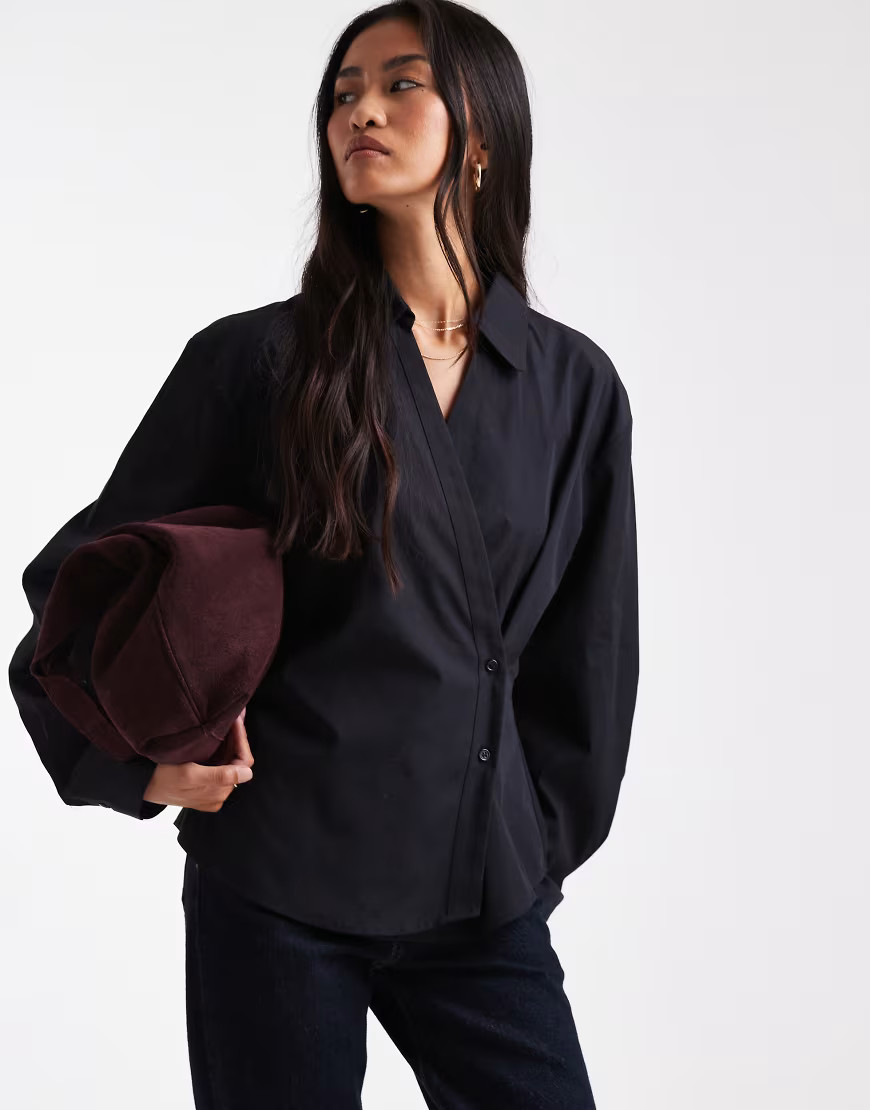 ASOS DESIGN wrap shirt with cocoon sleeves in black | ASOS (Global)