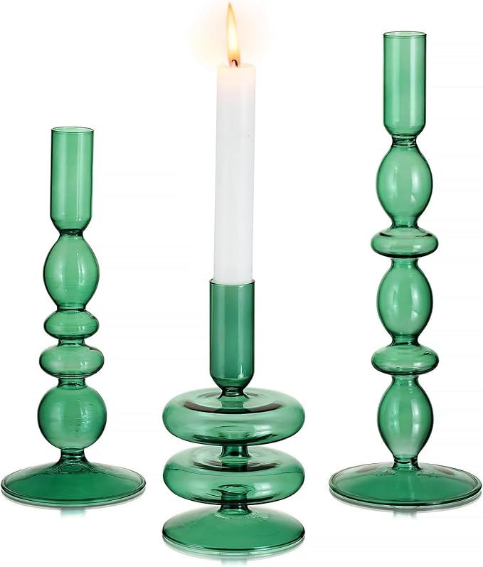 Glasseam Green Glass Candle Holders: Tapered Candlestick Holders Set of 3, Modern Candle Stick Ho... | Amazon (US)