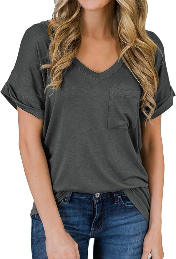 MIHOLL Women's Short Sleeve V-Neck Shirts Loose Casual Tee T-Shirt | Amazon (US)