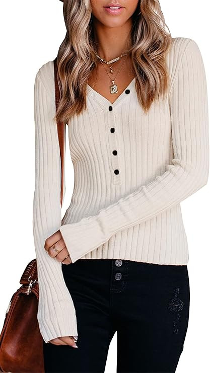 PRETTYGARDEN Long Sleeve Henley Shirts for Women - Button V Neck Basic Slim Fitted Ribbed Knit Tu... | Amazon (US)