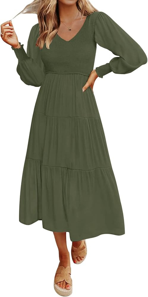 ZESICA Women's Casual Long Sleeve Crew Neck High Waist Smocked Flowy Tiered Midi Dress | Amazon (US)