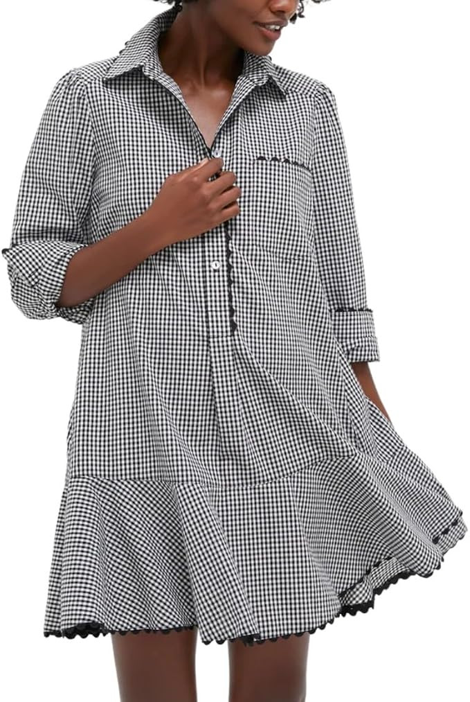 VAOYIU Womens Long Sleeve Gingham Shirt Dress Ruffled Trim Collared Button Up Casual Mini Dress w... | Amazon (US)