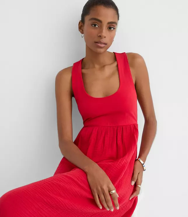 Petite LOFT Beach Triple Cloth Mixed Media Maxi Pocket Dress | LOFT