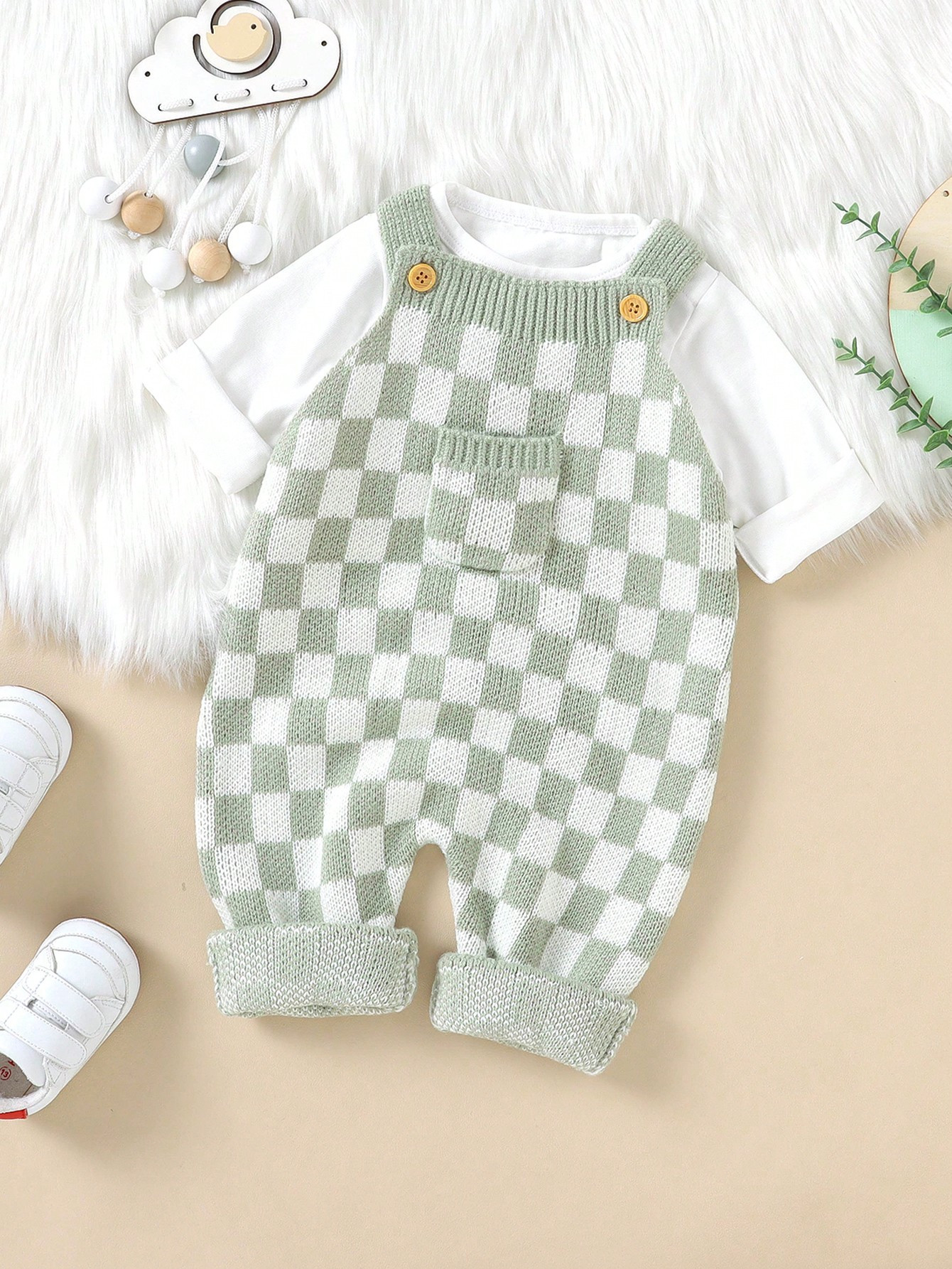 Baby Girl Checker Pattern Flap Pocket Overall Knit Jumpsuit Without Tee | SHEIN