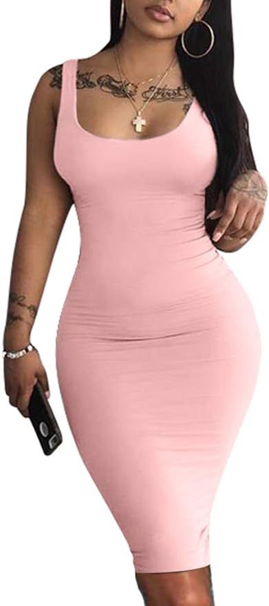 LAGSHIAN Women's Sexy Bodycon Tank Dress Sleeveless Basic Midi Club Dresses | Amazon (US)