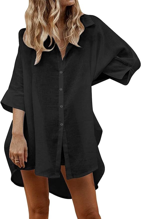 Zeagoo Women Swimsuit Coverup 3/4 Sleeve Linen Shirts Casual Button Down Beach Cover Up | Amazon (US)