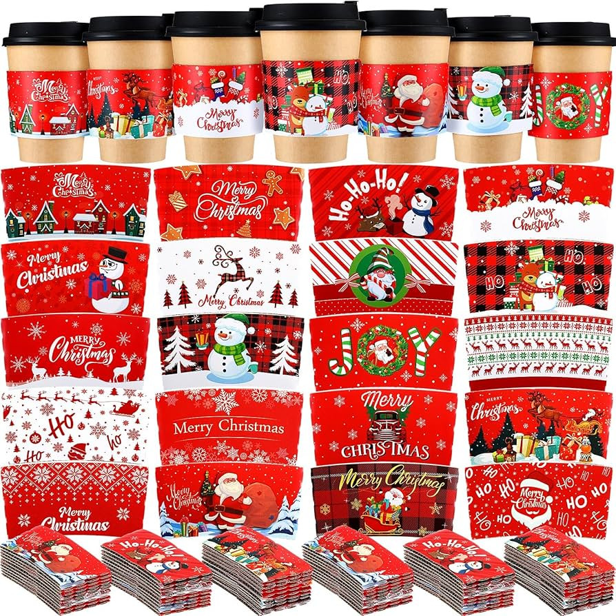 Yaomiao 100 Pieces Christmas Coffee Tea Cup Sleeves Christmas Coffee Sleeves Fits 12oz 16oz Disposable Paper Cup for Hot Chocolate Cocoa Beverage Xmas Party Supplies (Vivid Style) | Amazon (US)