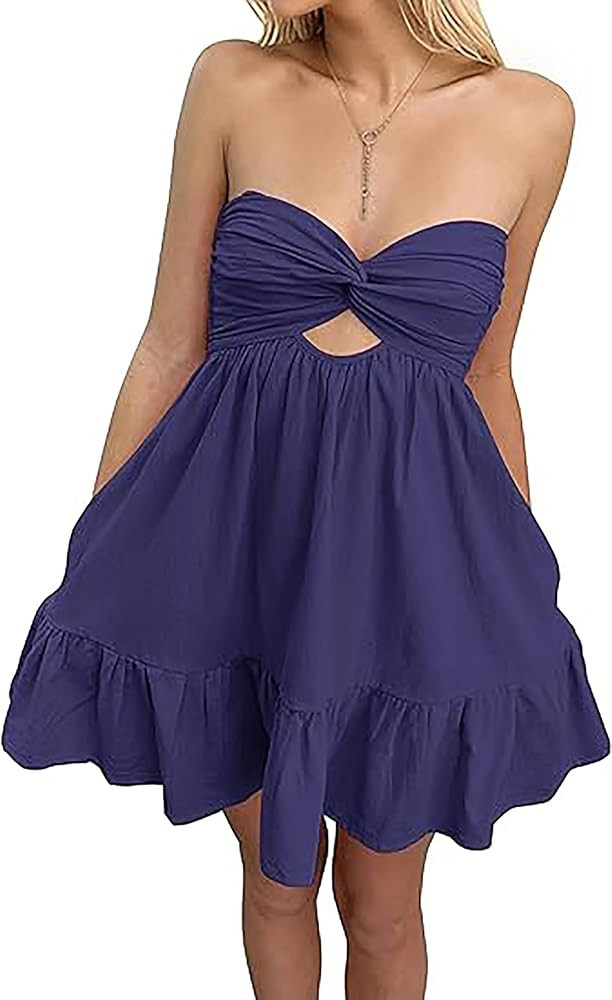 Women Twist Knot Tube Mini Dress Twisted Cutout Strapless Backless Ruffle Flowy Solid Sexy Party ... | Amazon (US)