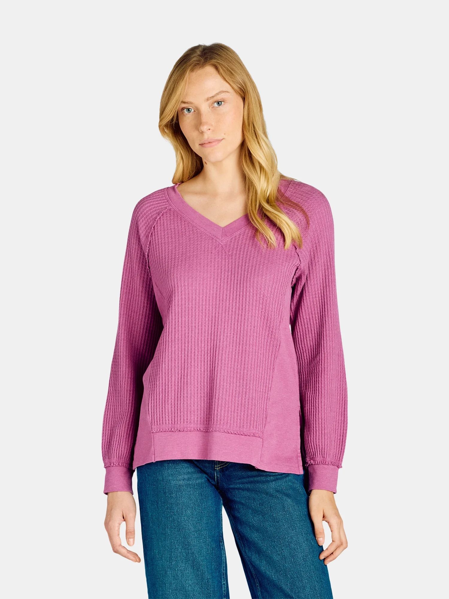 Time and Tru Women's and Women’s Plus Waffle Knit Sweatshirt, Sizes XS-XXXL | Walmart (US)