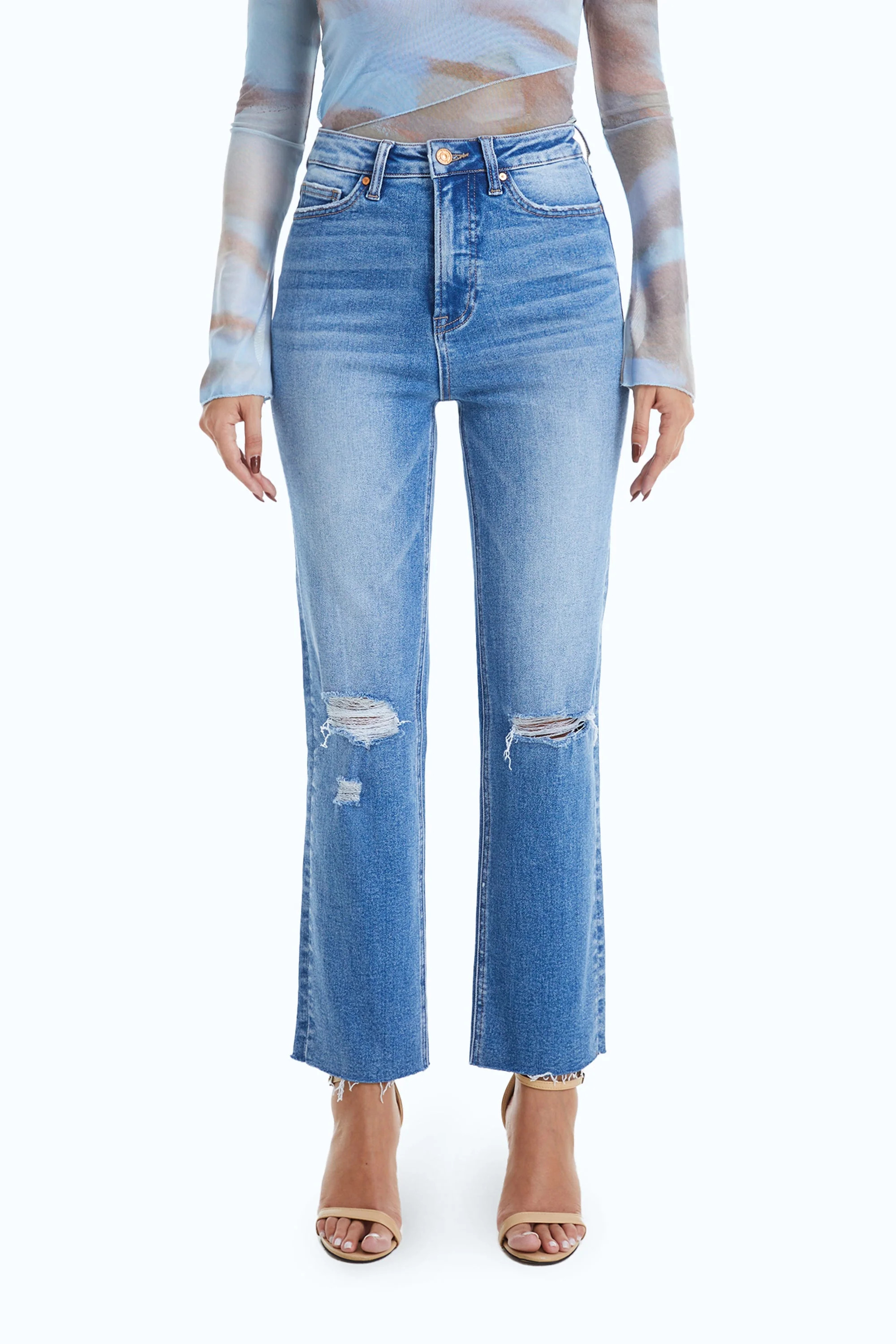 High Rise Slim Straight With Raw Hem | Bayeas