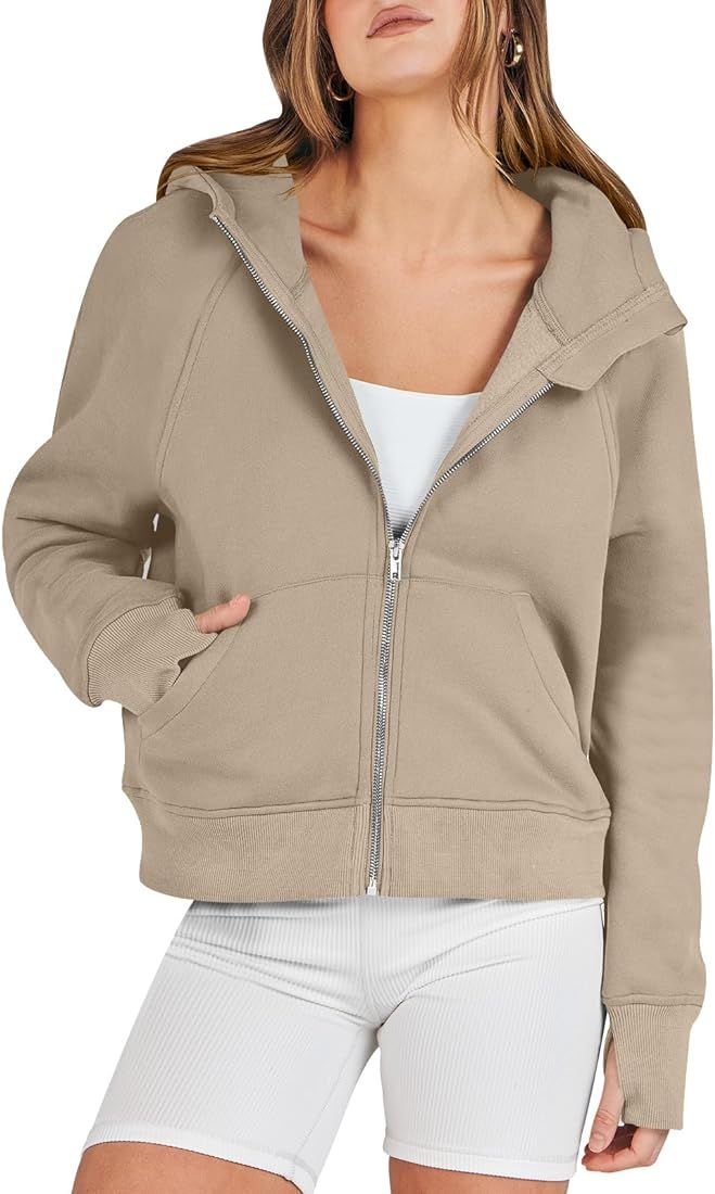 ANRABESS Women Hoodies Fleece Lined Full Zipper Sweatshirts Long Sleeve Crop Tops Clothes Sweater Th | Amazon (US)