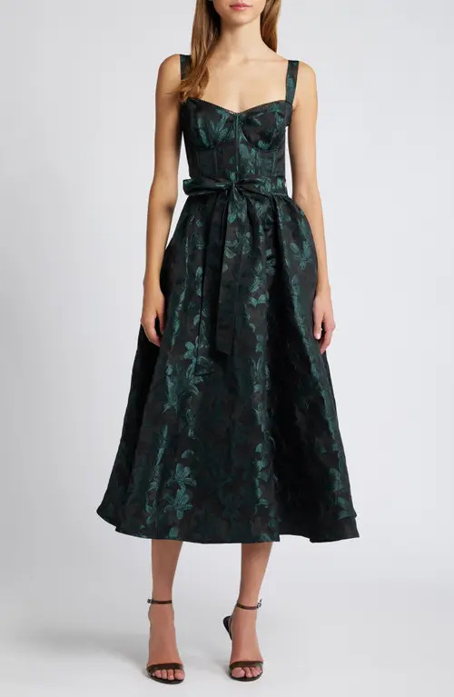 Lulus Floral Jacquard Bustier Sleeveless Midi Dress in Black/Shimmer Emerald at Nordstrom, Size Small | Nordstrom