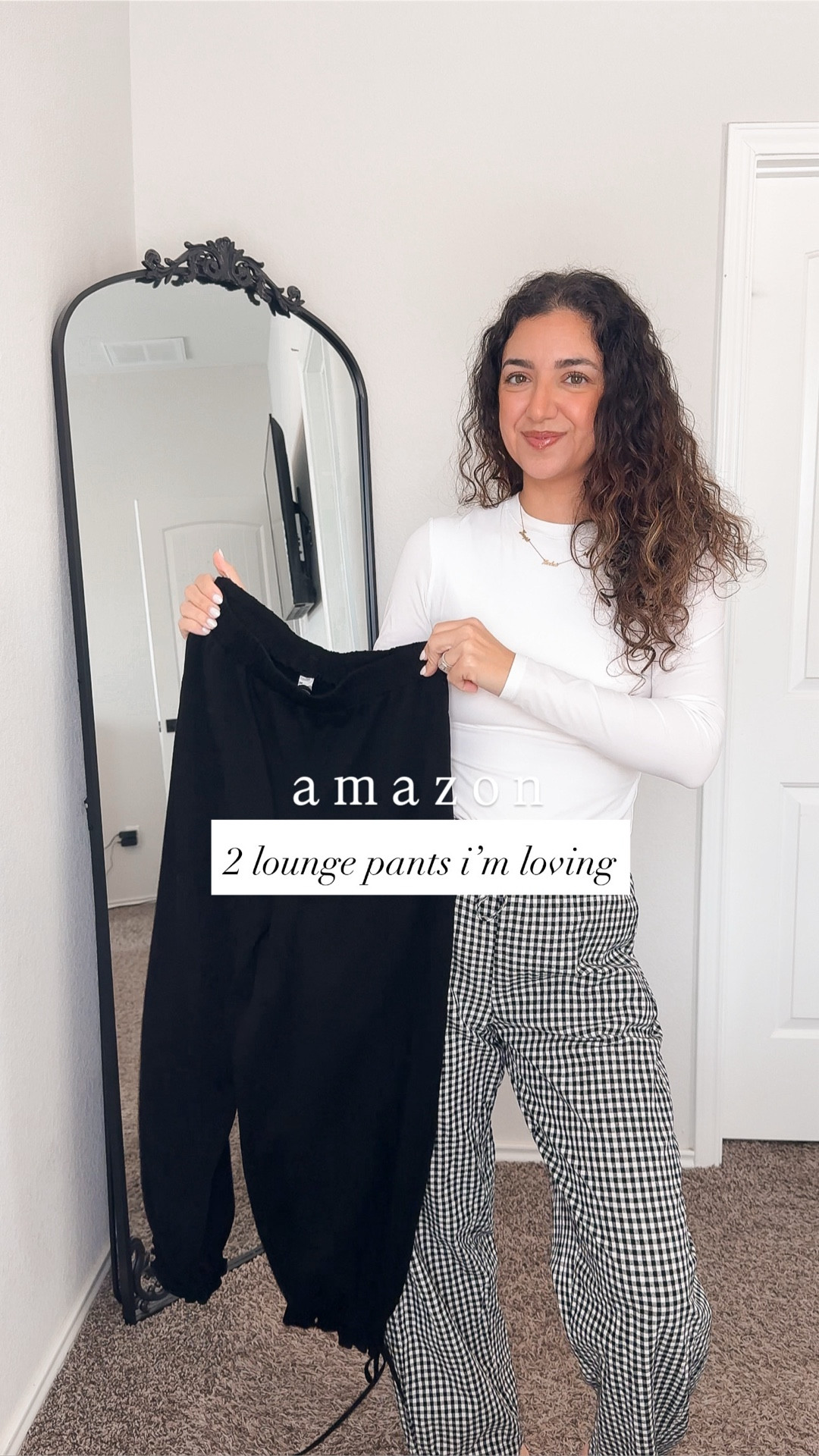 size small in both lounge pants 🖤🤍

two lounge pants from amazon i’m loving! the gingham one is so trendy & a great pair to wear now with a sweater and even transition into the spring with tees/tanks. the black lounge pants is fun w the tie style. i decided to style it dressy with kitten heels but you could wear them w sneakers and a sweatshirt. 

#LTKgrwm #LTKPetite #LTKootd