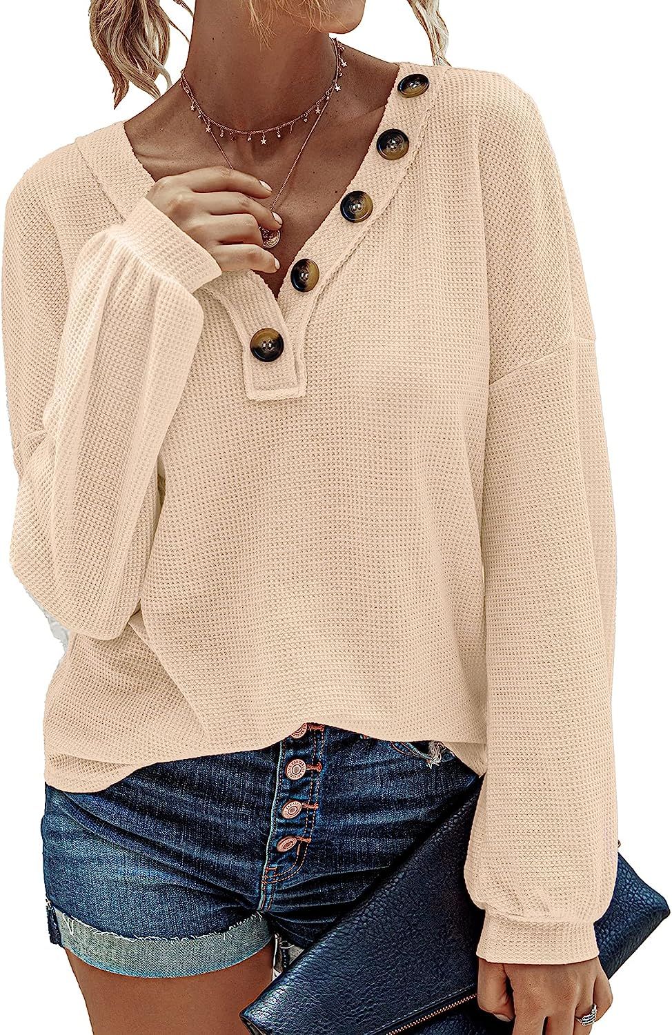 BTFBM Women Waffle Knit Shirts V-Neck Long Sleeve Casual Slouchy Loose Blouses Plain Faux Button ... | Amazon (US)