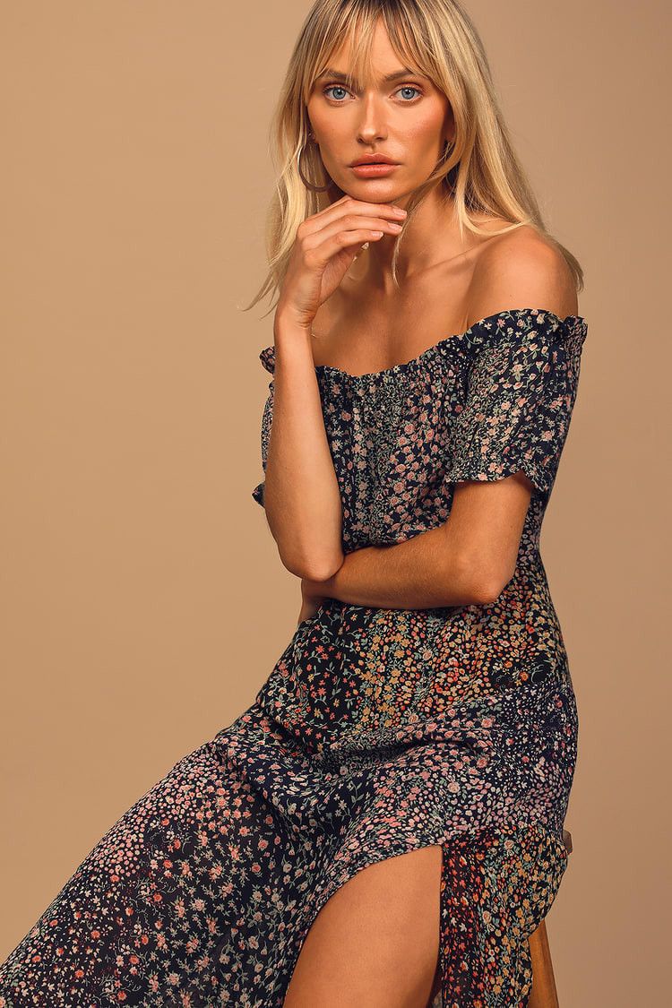 Navy Blue Floral Print Off-the-Shoulder Maxi Dress | Vacation Dress Outfits | Spring 2023  | Lulus (US)