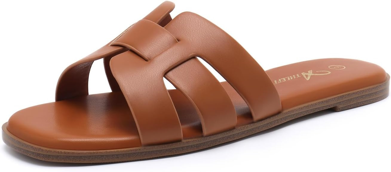 Athlefit Women's Flat Sandals Dressy Summer Square Open Toe Slip On Leather Slide Sandals | Amazon (US)