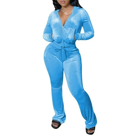 FOCUSNORM 2 Piece Outfits for Women Velour Tracksuits Sweatsuits Set Long Sleeve Crop Tops Jackets a | Walmart (US)