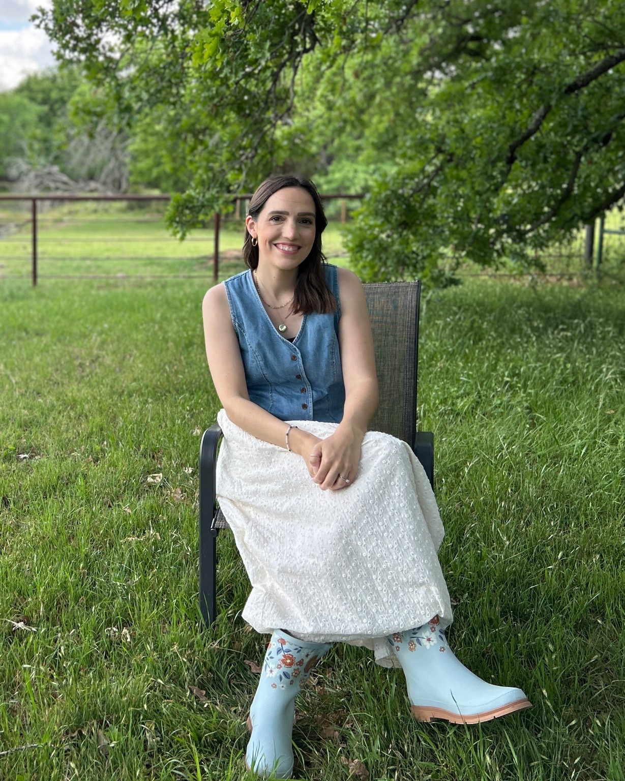 Cottagecore outfit, feminine outfit, white eyelet skirt, denim vest, 90s vest, light blue floral rain boots, garden outfit, spring outfit, summer outfit, modest outfit 

#LTKdayinmylife #LTKSeasonal #LTKootd