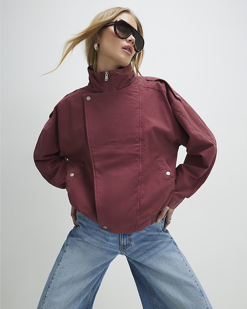 Red Washed Funnel Neck Bomber Jacket | River Island UK & IE