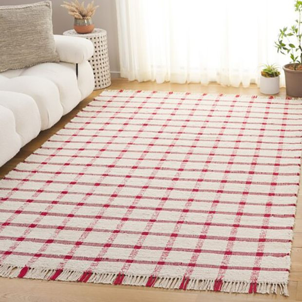 Fringed Plaid Ivory/Red Area Rug | Antique Farm House