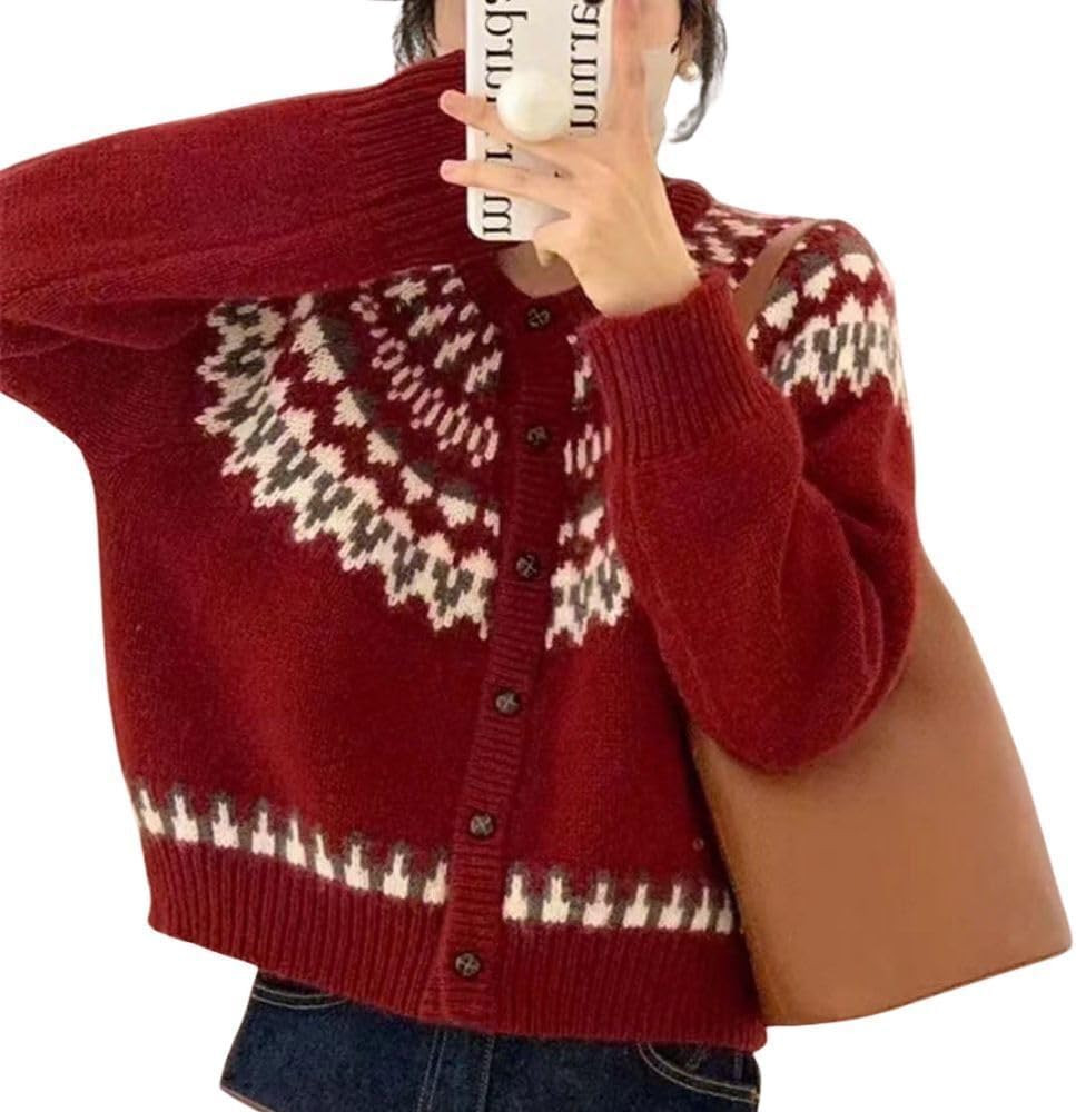 HOTYD Women's Floral Print Fair Isle Sweater Loose Crewneck Button Down Vintage Cardigan Sweaters... | Amazon (US)