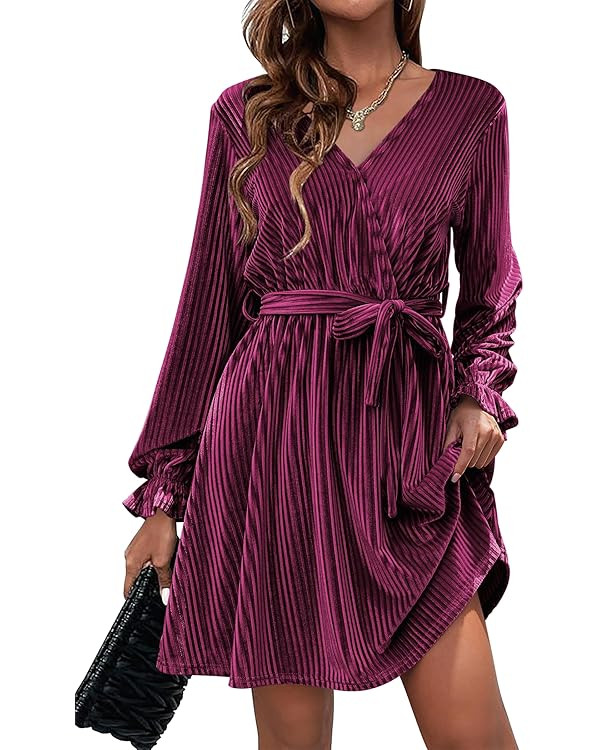 HOTOUCH Women's Velvet Dress Wrap V Neck Flared Dress Long Lantern Sleeve Dresses with Belt Cockt... | Amazon (US)